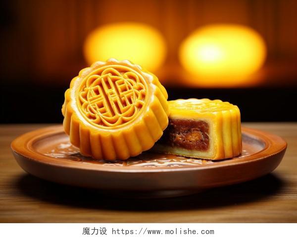 中秋月饼摆放在桌上的的月饼切开的月饼豆沙馅中国传统食物节日八月中秋月饼糕点配图美食